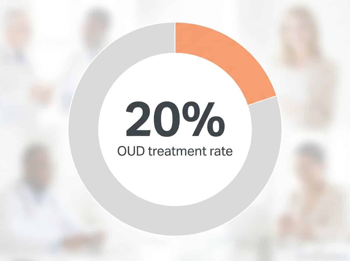 Infographic showing Percentage of people with OUD receiving medication treatment (less than): 20%