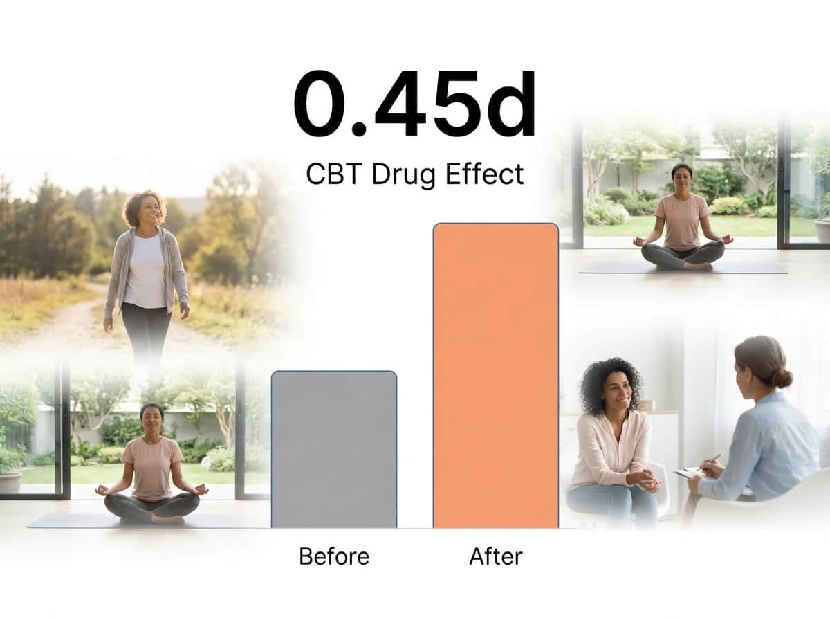 Infographic showing Effect Size of CBT for Drug Dependence (Cohen's d): 0.45d