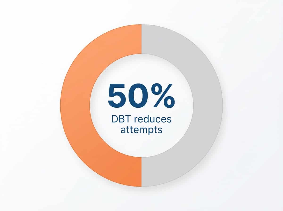 Infographic showing Reduction in suicide attempt rate with DBT vs. non-behavioral therapy: 50%