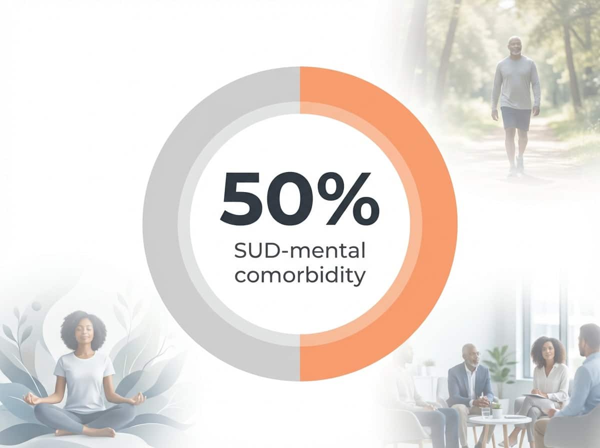 Infographic showing Co-occurrence of SUD and mental health disorders (lifetime): 50%