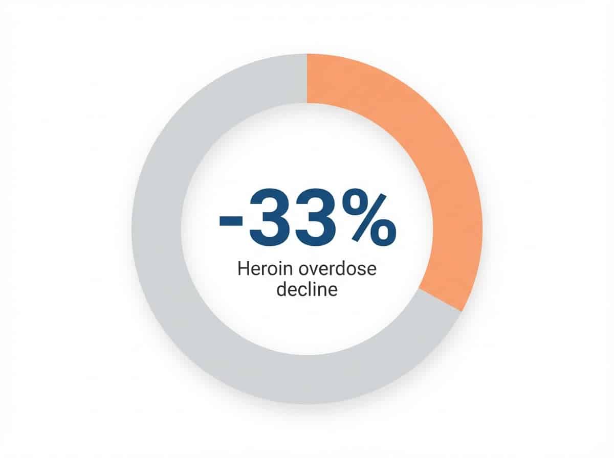 Infographic showing Decrease in heroin-involved overdose deaths (2022-2023): -33%