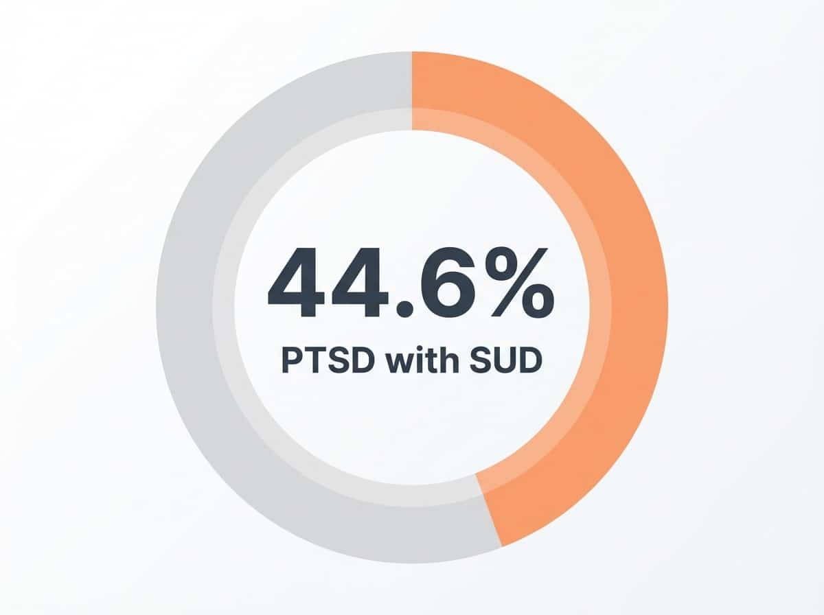 Infographic showing Lifetime PTSD Sufferers with Co-Occurring SUD: 44.6%