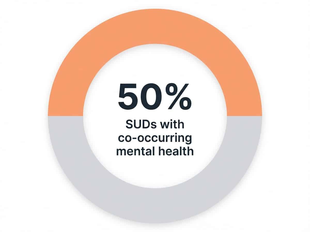Infographic showing Individuals with SUDs having co-occurring mental health conditions: 50%