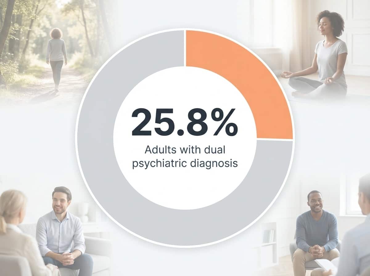 Infographic showing Adults with a psychiatric disorder who have a dual diagnosis: 25.8%