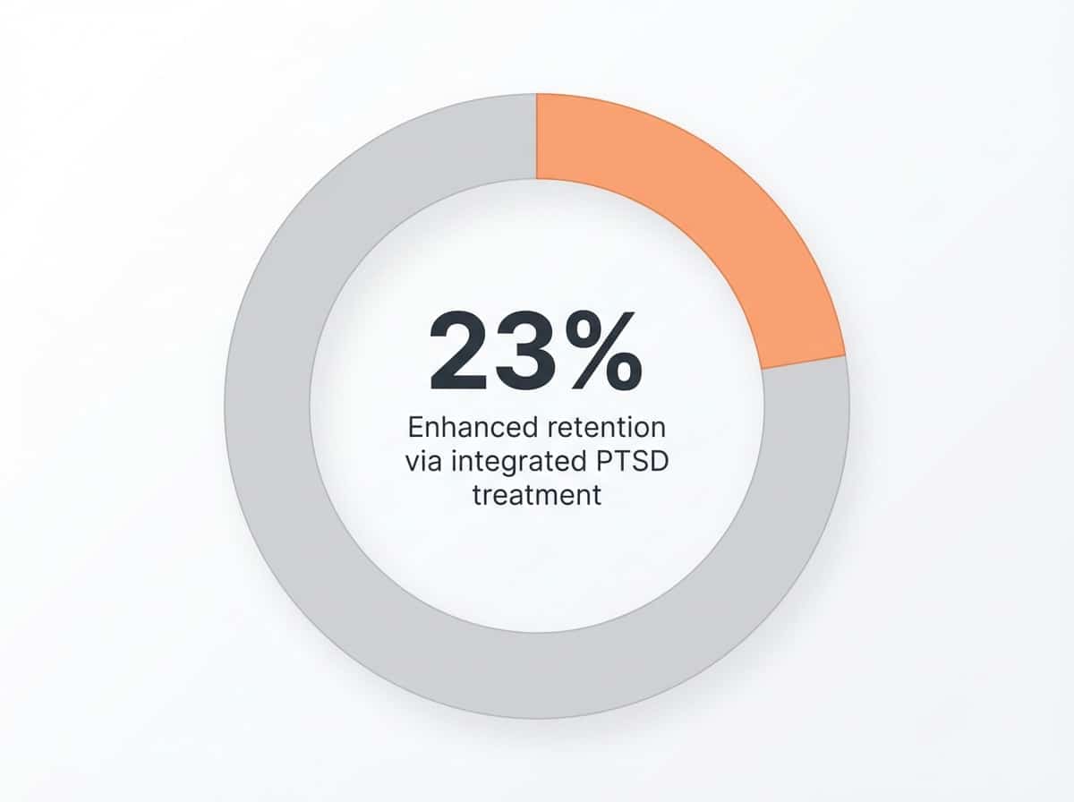 Infographic showing Improved treatment retention with integrated dual diagnosis PTSD treatment: 23%