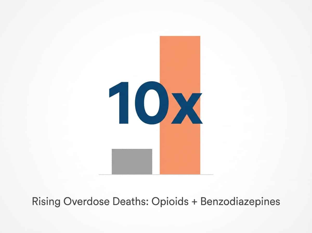 Infographic showing Increased Overdose Death Rate for Concurrent Opioid and Benzodiazepine Use: 10x